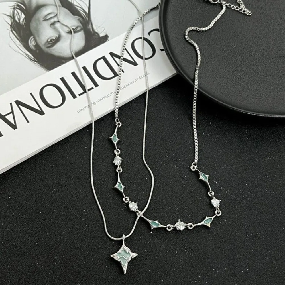 Simple Four-pointed Star Pendants Double Layer Y2k Style Colorfast Zirconia Irregular Snake Bone Chain Daily Wear
