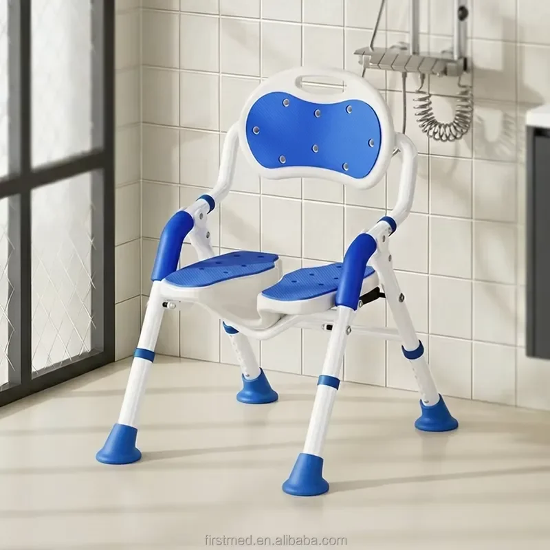 Adjustable Aluminum Shower Chair with 3D Curved Open Seat Non Slip Safety Backrest Bath Stool for Elderly Private Clean