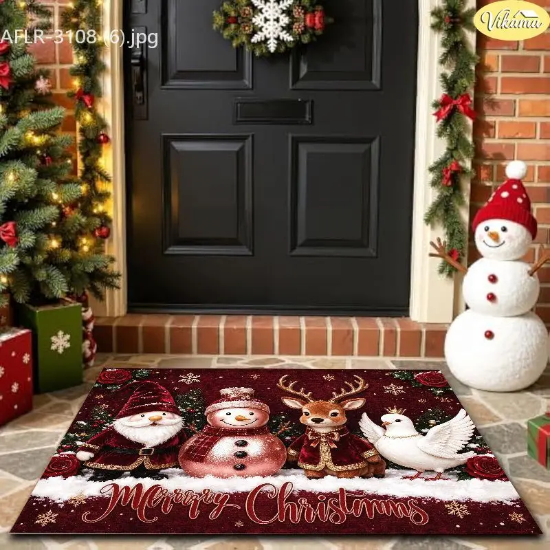 VIKAMA Burgundy Gnome Snowman Dove Floor Mat Washable Entry Rug Front Door Porch Xmas Winter Decor Washable Home Decor