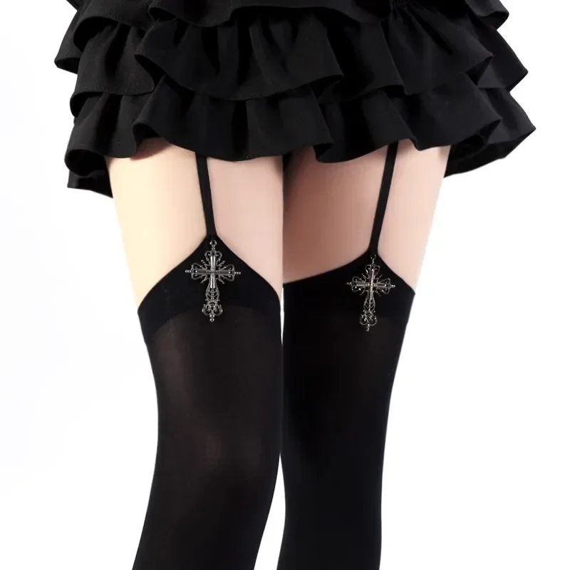 Persönlichkeit Kreuz Dekoration Frauen Hosenträger Socken Einfarbig Dünne Oberschenkel Hohe Lolita Anime Cosplay Gothic Über Knie Strümpfe
