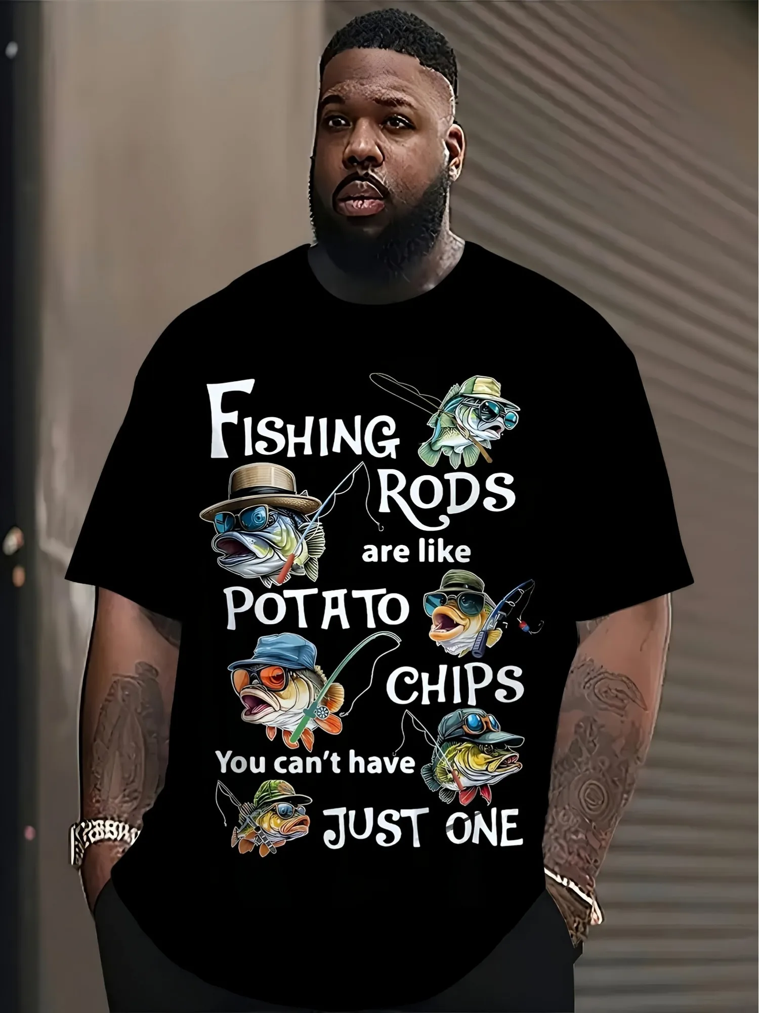 [Fishing Travel Apparel] Men's Fun Fishing Pattern T Shirt Fishing Rods Are Like French Fries You Can't Just Eat One  Lightweight Elastic Crew Neck Short Sleeve Plus Size Tall Fisherman Gear Gift Black Fishing Travel