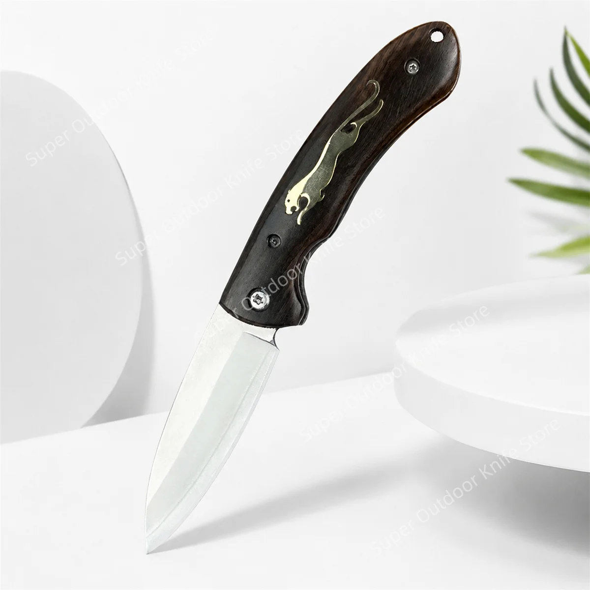 

NEW Folding Knife Outdoor EDC Pocket Knife Leopard Pattern Black Walnut Wood Handle, Camping Fishing Knife