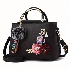 3D Flower Decor Handbag, Women's PU Leather Crossbody Bag, Fashion Small Top Handle Purse