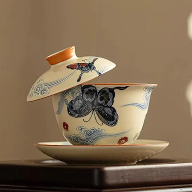 Beige Ruyao Butterfly Pattern Tea Tureen Household Kungfu Tea Bowl Tea Cup Kitchen Teaware Set Drinking Supply