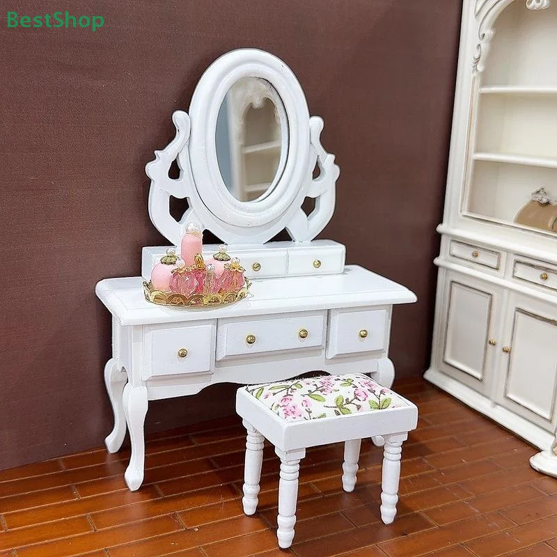 🍄 Mini meubles pour maison de poupée 1:12, modèle de chambre à coucher, coiffeuse en bois de Style européen avec tabouret
