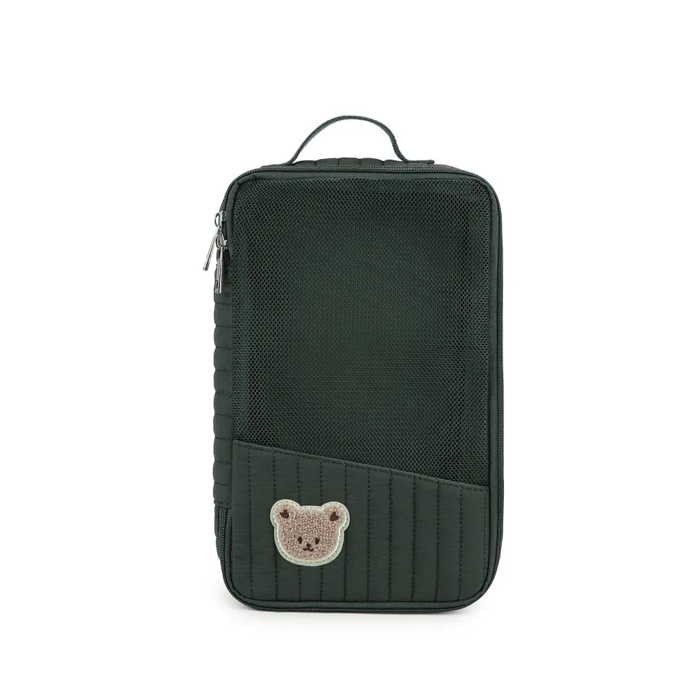 Cartoon Bear Embroidered Mesh Diaper Pouch Striped Zippered Infant Care Organizer Cotton Compact Hanging Toiletry Bag Traveler