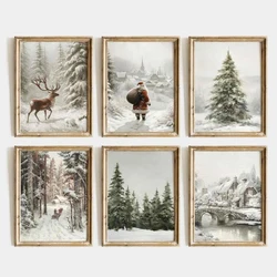 Vintage Christmas Tree and Santa Claus Poster Winter Farmhouse Scenery Wall Art Canvas Painting Modern Living Room Holiday Decor