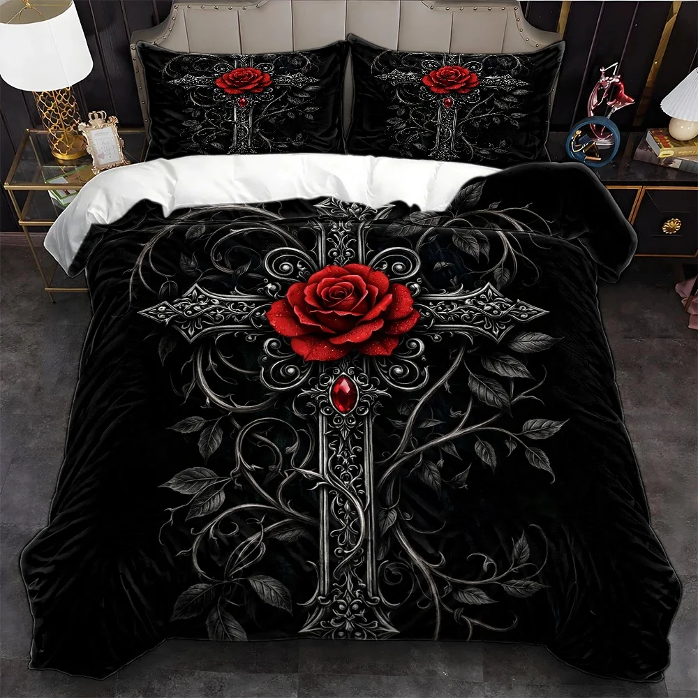Juego de Funda Nórdica de 3 Piezas Estilo Gótico con Cruz y Rosa Roja, Juego de Cama de Tres Piezas (1 Funda Nórdica + 2 Fundas de Almohada), Apto para Todas las Estaciones, Lavable a Máquina, Diseño con Cremallera Invisible, Juego de Funda para Cama Dobl