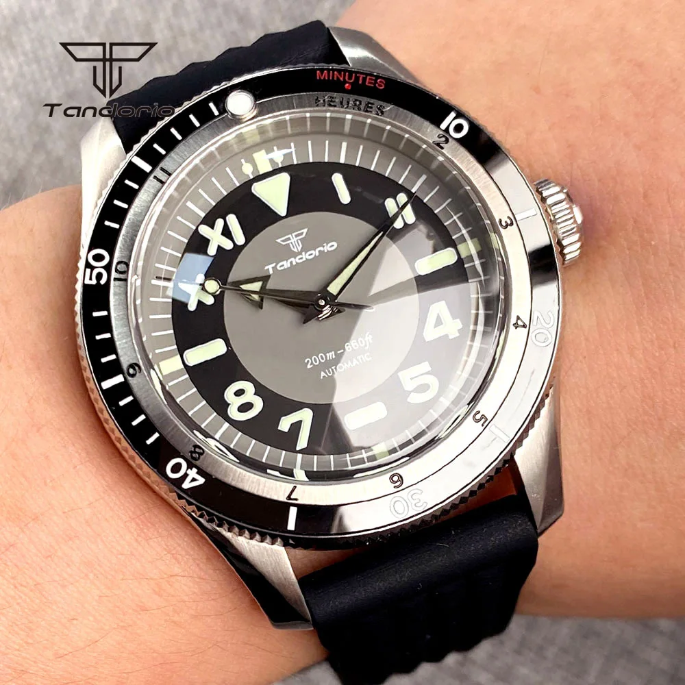 Tandorio Mechanical 40mm Automatic Steel Watch Double Domed Sapphire Luminous California Dial NH35A PT5000 20BAR Dive Wristwatch