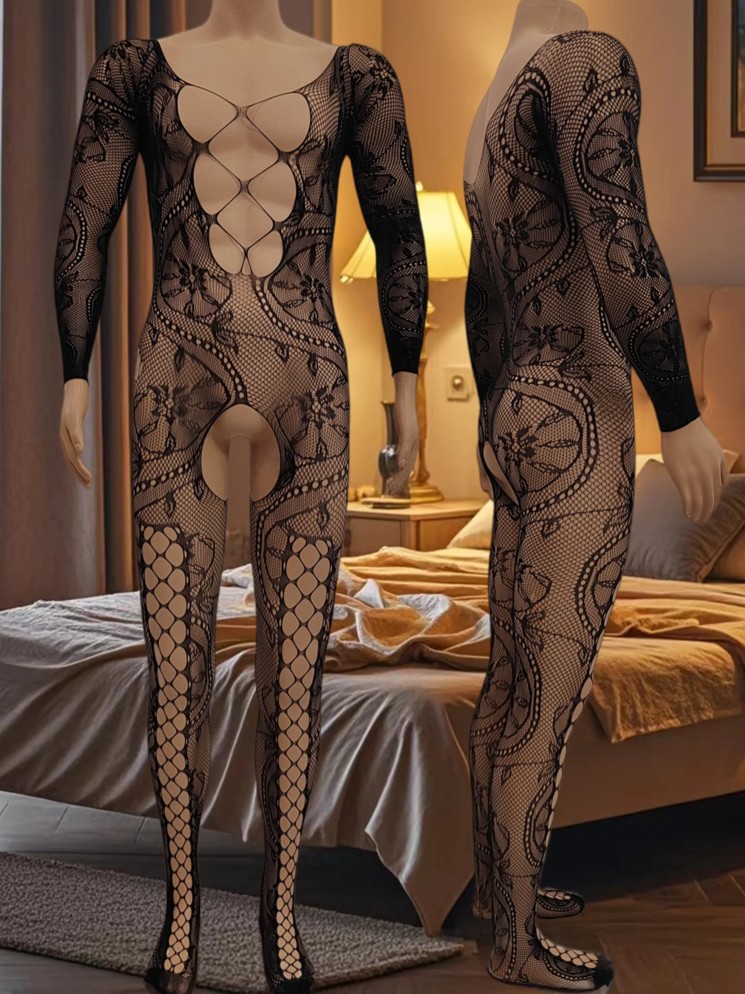 Sexy Hollow‑Out Halter See‑Through Knit Alluring Open‑Crotch Jacquard Bodysuit, Available in Sizes XS/S/M view 6