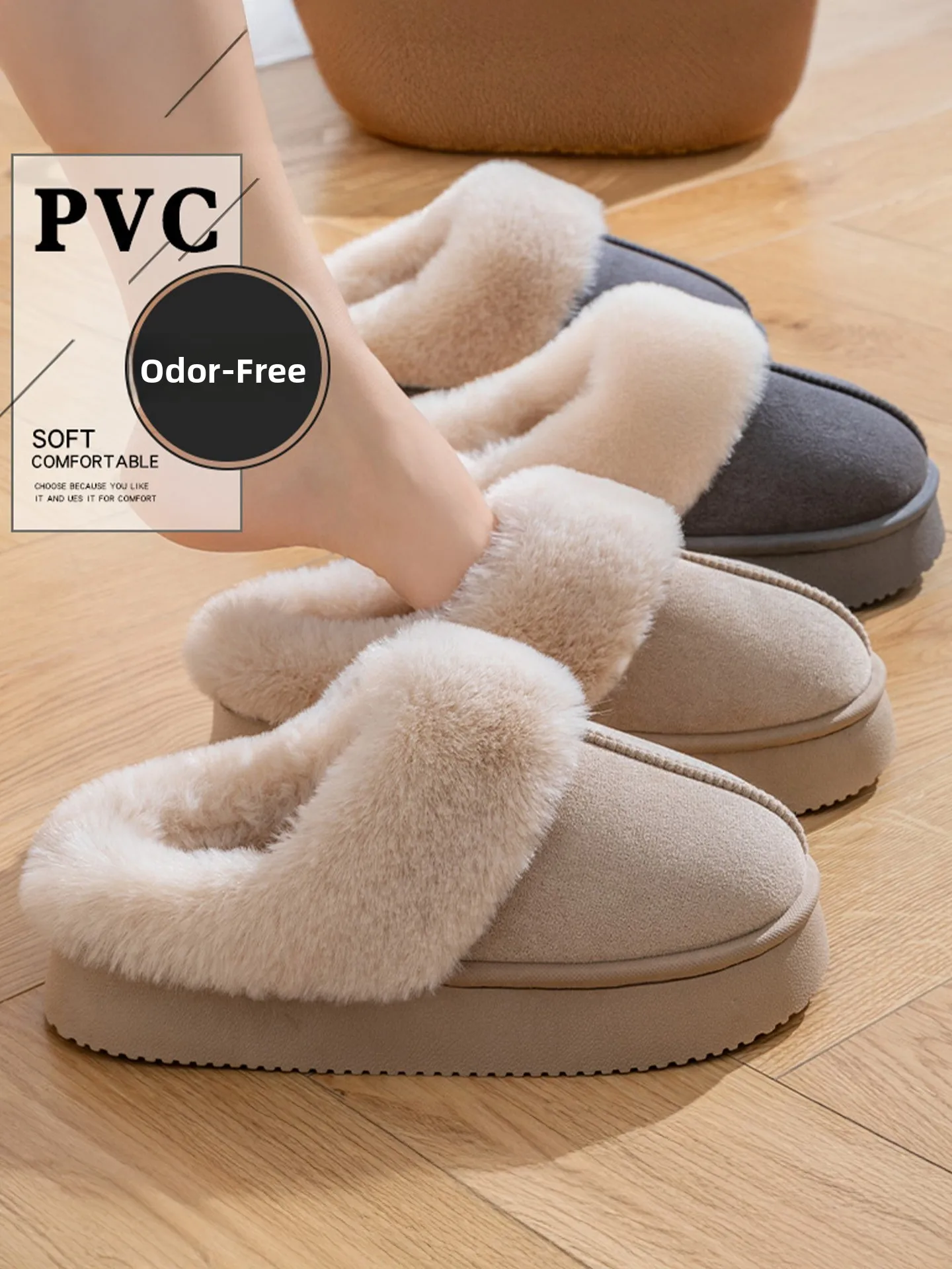 شباشب قطنية جديدة لخريف وشتاء 2025، نعل سميك من الجلد المدبوغ، مبطنة بالفرو، أنيقة للمنزل، مضادة للانزلاق ودافئة