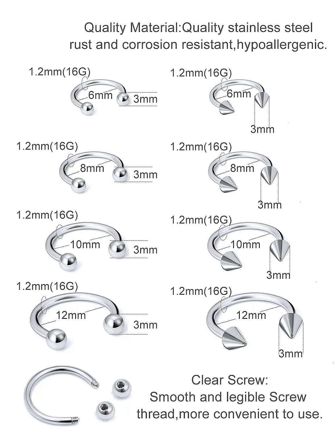 1PCS 16G Surgical Steel Nose Septum Horseshoe Hoop Earring Eyebrow Tragus Lip Piercing Ring Balls Spikes 6-12mm