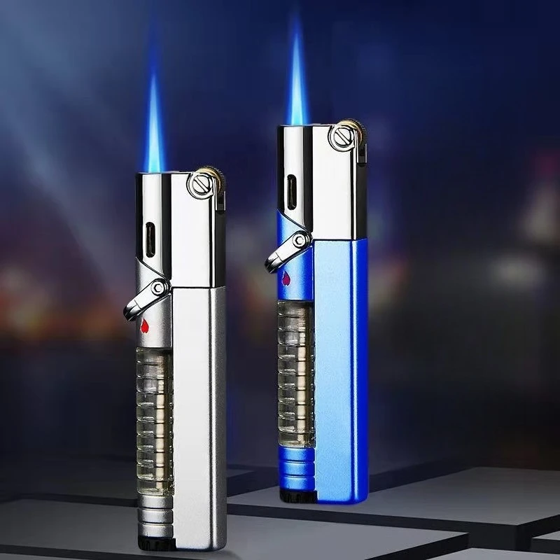 HOT Transparent Gas Window Windproof Jet Blue Flame Butane Gas Torch Lighter Safety Lock Switch Portable Cigar Lighters Smoking