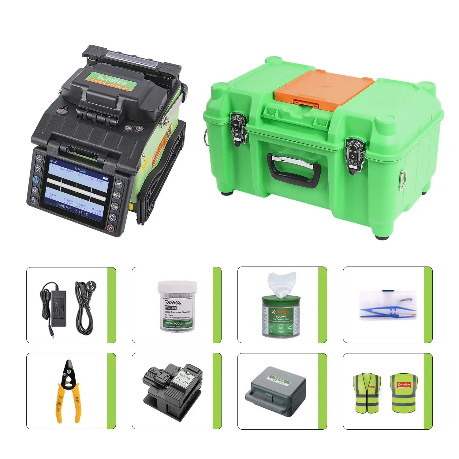 Komshine GX39 Fiber Optic Fusion Splicer with Cleaver+QX50 SM OTDR 1310/1550nm with VFL+Fiber Power Meter+SM Light Source