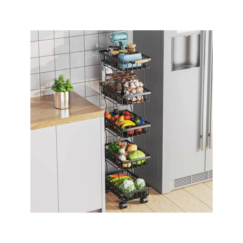 

5 Tier Fruit Vegetable Basket For Kitchen, Fruit Vegetable Storage Cart, Wire Storage Basket Organizer Utility Cart With Wheels