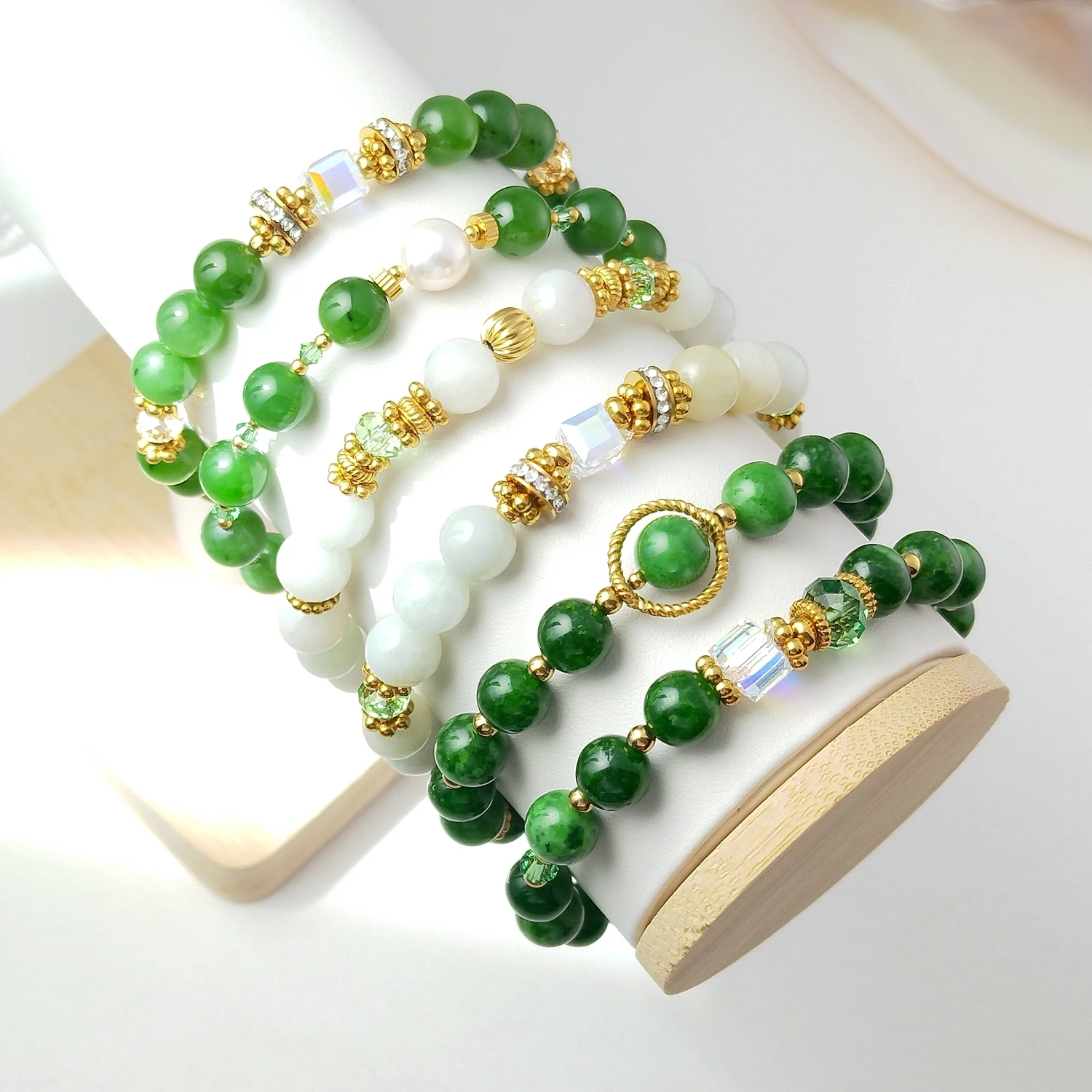 Lii Ji Natural Stone Burma Jade / Hetian Jade / Green Jade 8mm With Crystal Stainless Steel Elastic Bracelet