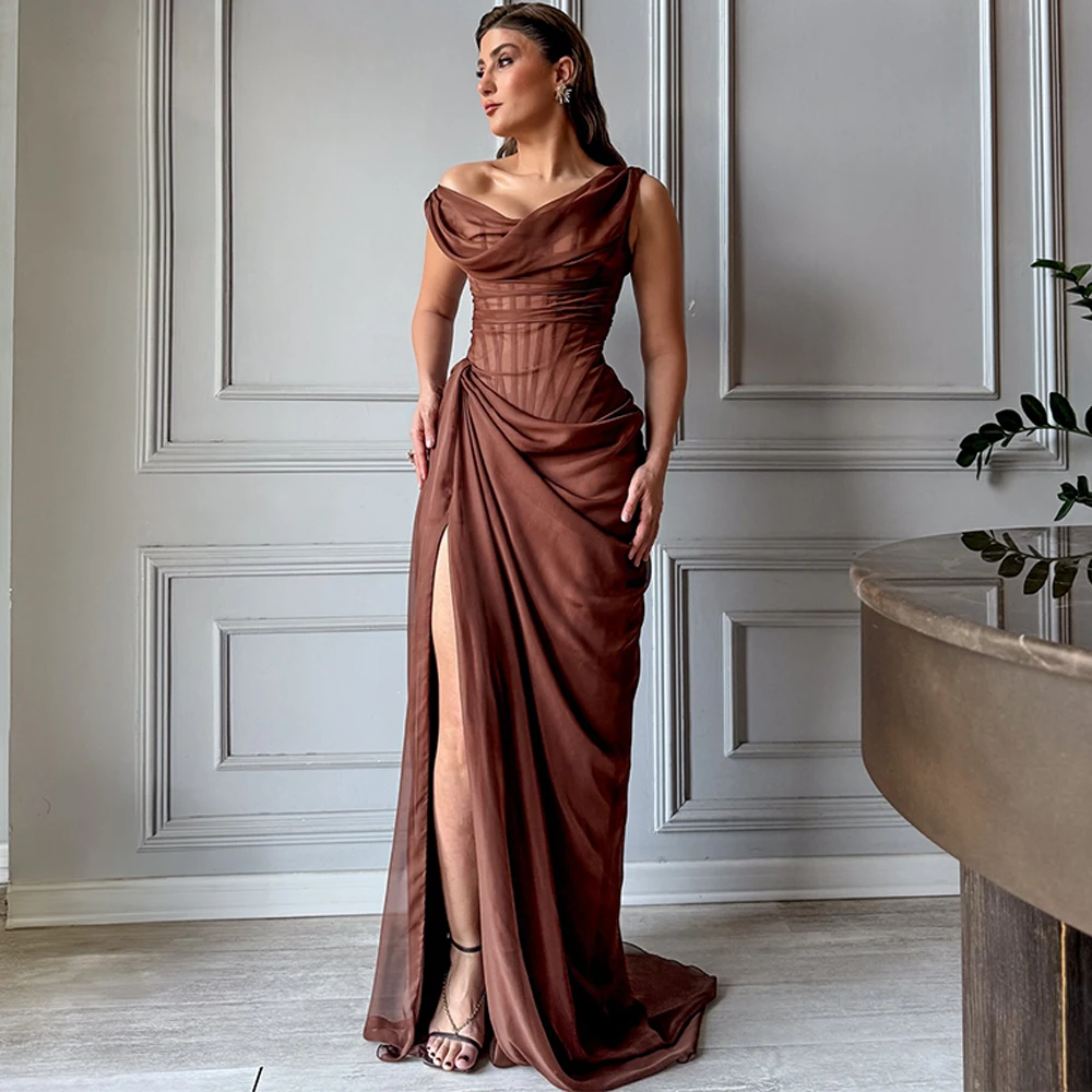 

Простое атласное вечернее платье по индивидуальному заказу, современное платье без рукавов с скользящим шлейфом, роскошные платья для особых случаев с рюшами