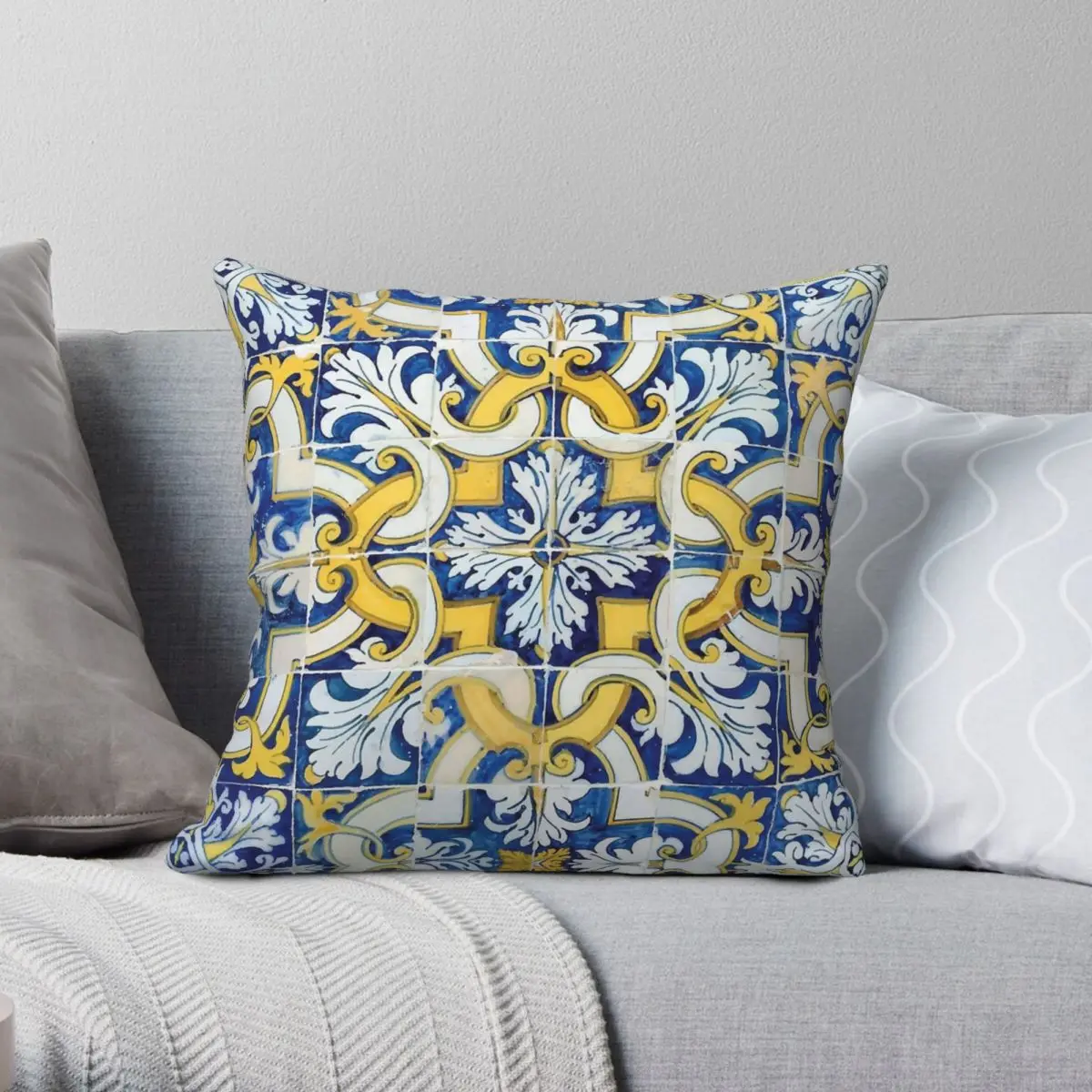 Portuguese Azulejo Tiles Square Pillowcase Polyester Linen Velvet Printed Decor Throw Pillow Case Home Cushion Cover Wholesale