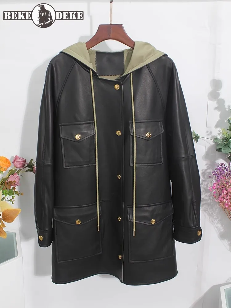 

Women Genuine Leather Jacket Loose Fit Casual Overcoat Single Breasted Real Sheepskin Windbreakers New Autumn Hooded Long Coat