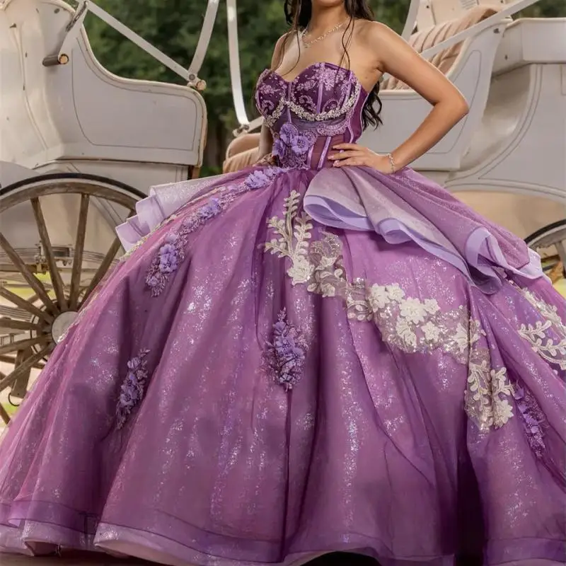 

Sweet Lovely Lavender Flower Ball Gowns Quinceanera Dresses With Cape Beading Lace Vestidos De 15 Anos 16 Birthday Party