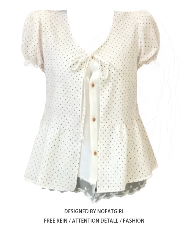 

plus Size Lace Short Sleeve Shirt Women's Beautiful Unique Summer Top Fat Sister Pure Desire Wave Dot Pattern Korean Style