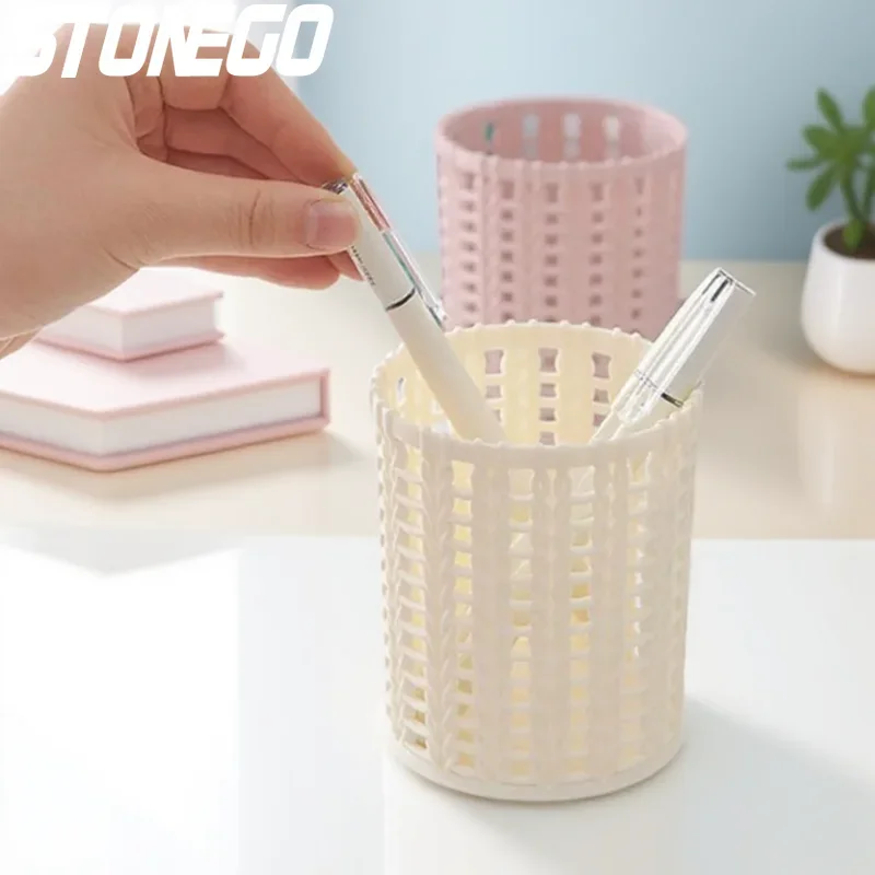 Imitation Rattan Plastic Pen Holder Round Desk Organizer Office Stationery Student Supplies Storage Bucket
