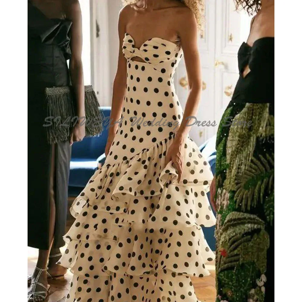 

Fashion Strapless Tiered Evening Dresses Women High Quality Prom Party Female Gowns Sleeveless Floor Length Spot Hollow Out