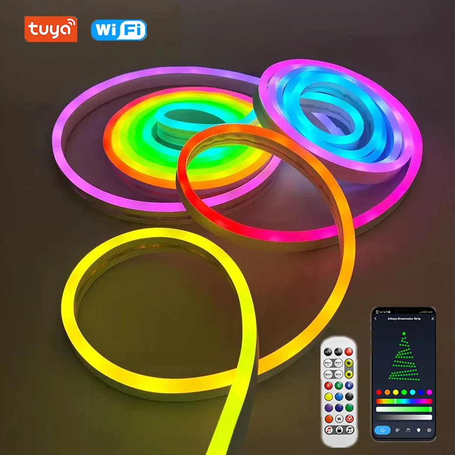 WiFi/Bluetooth/Remote Control 12V RGBIC Neon Led Strip 84LEDs/m EU AU UK US Waterproof RGB IC Led Neon Rope Decor Lighting