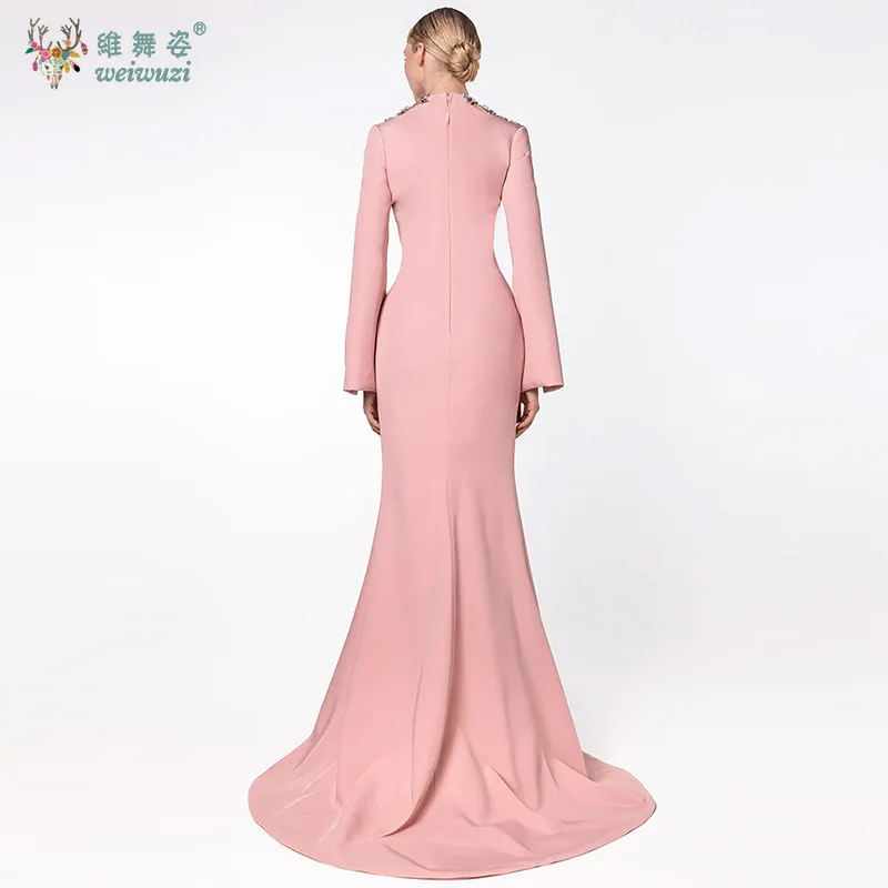 Exquisite Pink Deep V-neck Long Sleeves Buttons Evening Dress Luxury Inlaid Water Diamond Party Gown Host's Performance Costume