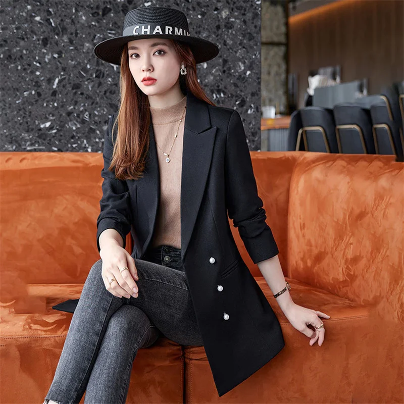 Lente Herfst Mid-Long Pak Jas Vrouwen 2024 Nieuwe Losse Kraag Jas Double-Breasted Blazer Mode Knoop Bovenkleding Dames