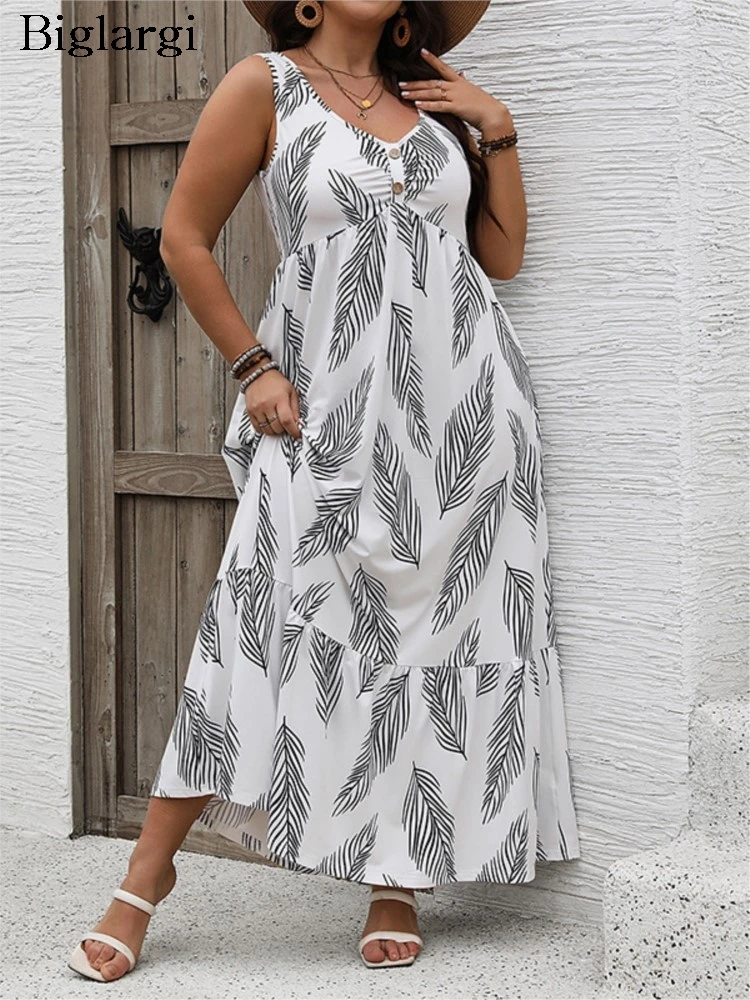 Plus Size Summer V-Neck Sleeveless Slip Dress Women Print Fashion Loose Ruffle Pleated Ladies Dresses Holiday Woman Long Dress