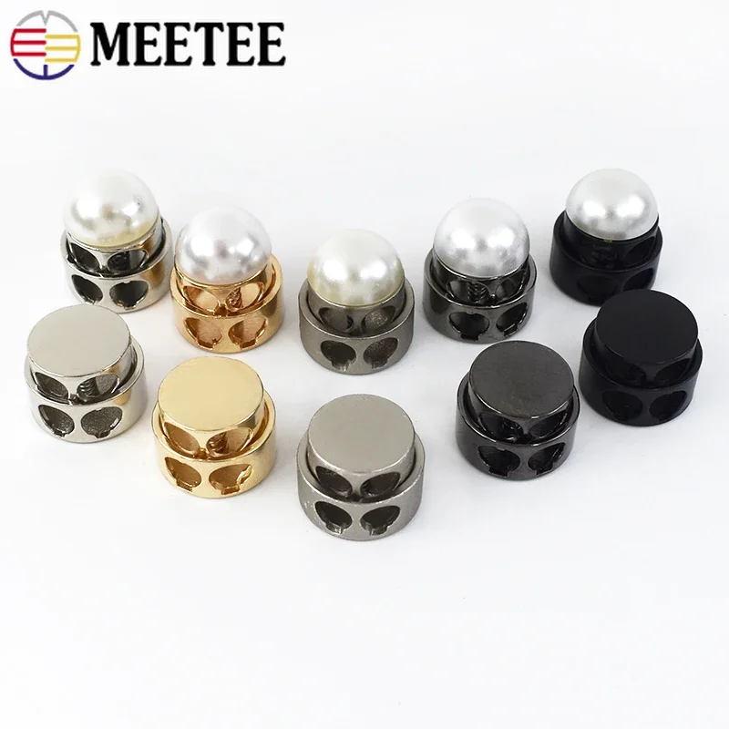 Meetee 30Pcs Metal Pearl Double Hole Stopper Buckles Spring Adjustment Cord Lock DIY Hat Rope End Decoration Elastic Snap Button