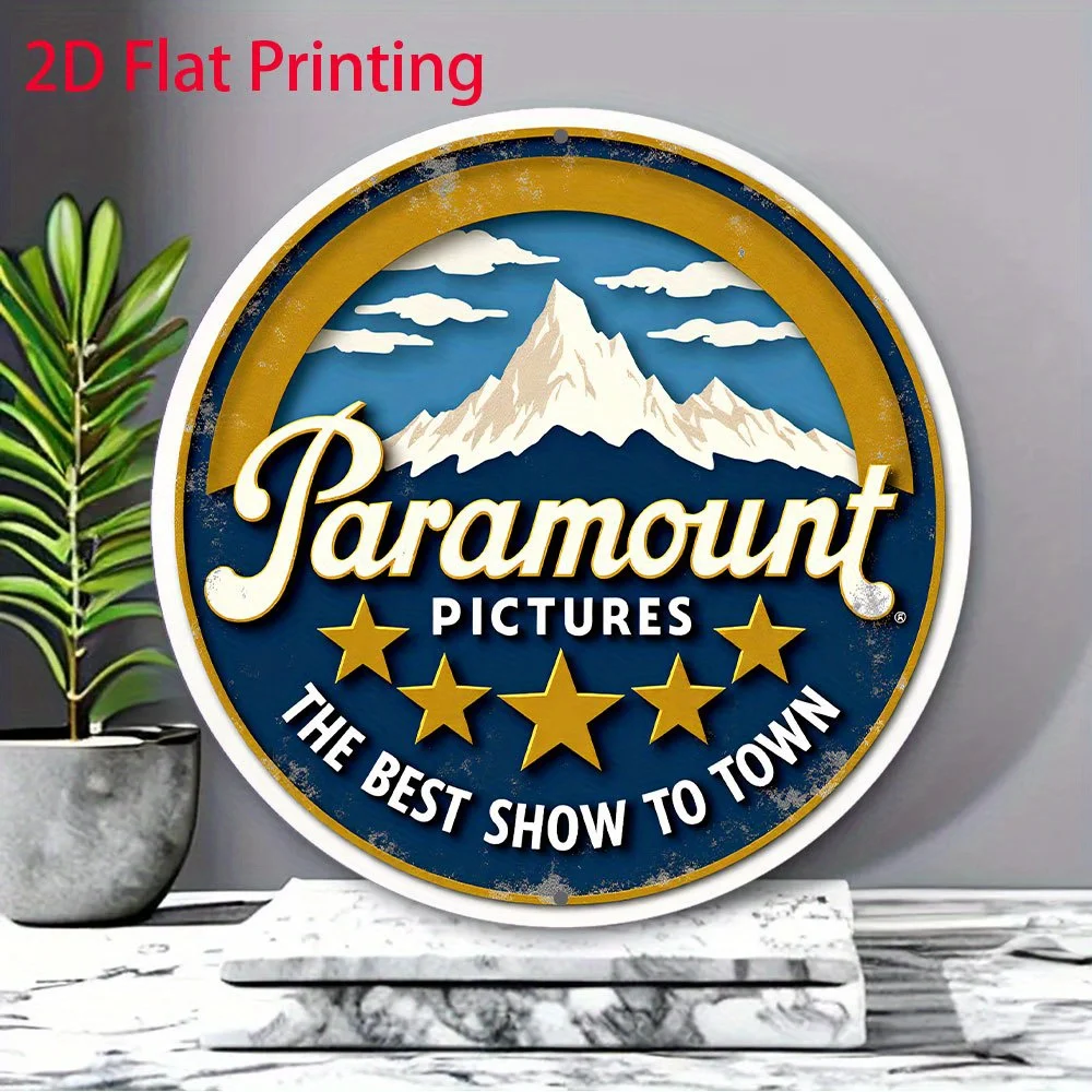 2D مسطح، قطعة واحدة من صور Paramount العتيقة، لافتة ألومنيوم مستديرة - 20.32 سم لوحة فنية جدارية معدنية قديمة مع تصميم الجبال والنجوم، "The B