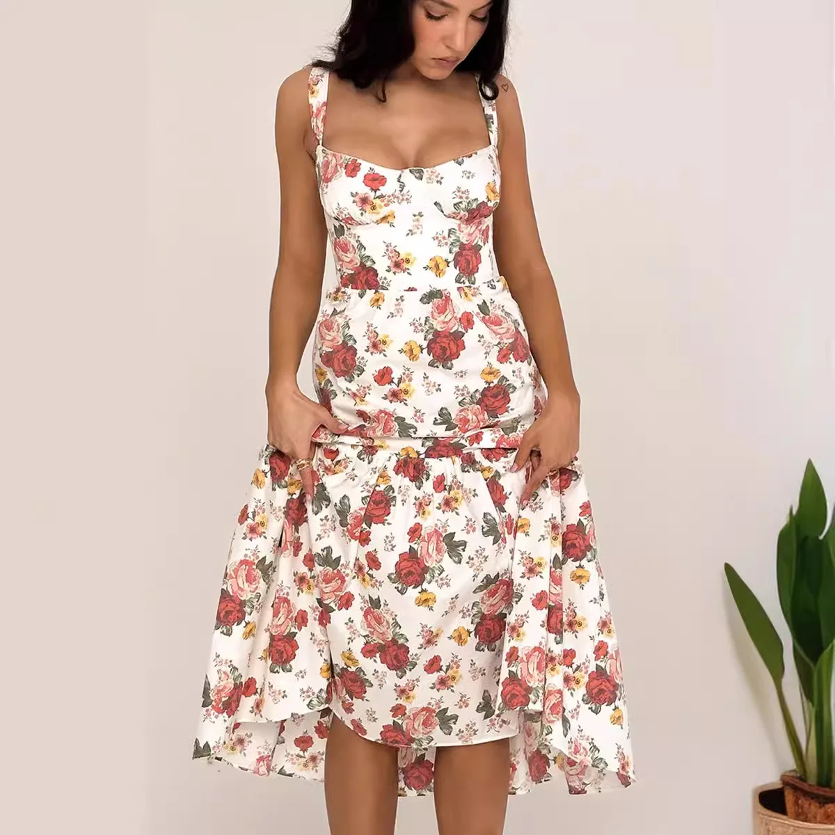 Sweet Spicy Style Floral Backless Midi Dress Vestido De Verano Con Estampado Floral 2024 Para Mujer Robe Ete Robe Chic Élégante