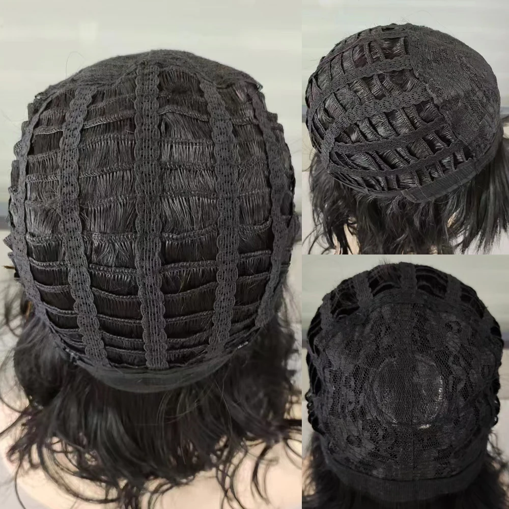 MSIWIGS Wig Hitam Sintetis Pendek Bergelombang Wanita dengan Poni Samping Tahan Panas untuk Cosplay Halloween & Pesta