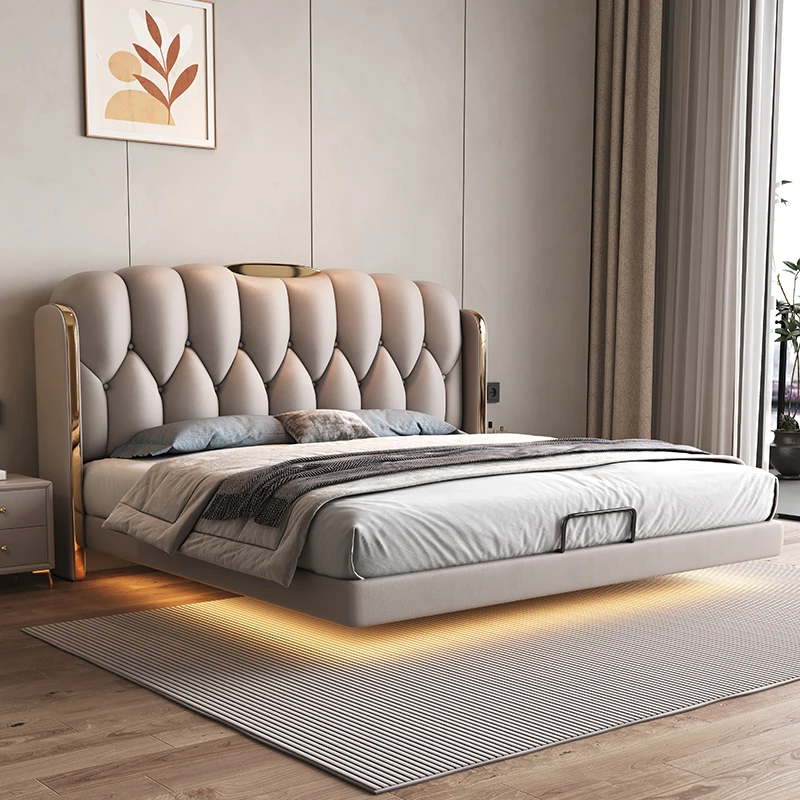 

Italian Composite leather suspended bed induction lamp Double bed Headboard wedding luxury Cama Matrimonial Bedroom Furniture