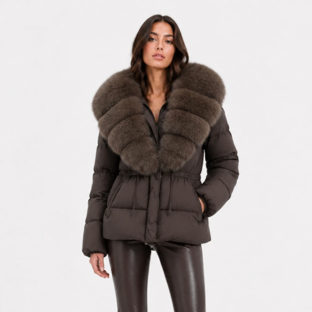 OFTBUY Jaqueta de Pele com Gola de Pele Natural, Casaco Feminino de Inverno com Capuz Quente de Pena de Pato, Casaco Feminino de Pele de Raposa, Jaqueta Puffer Feminina de Pele Natural de Guaxinim