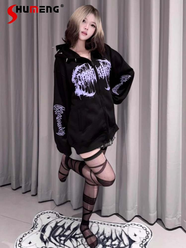 

Original Japanese Mass-produced Style Subculture Gothic Punk Double-zipper Loose Versatile Printed Hooded Sweatshirt for Women