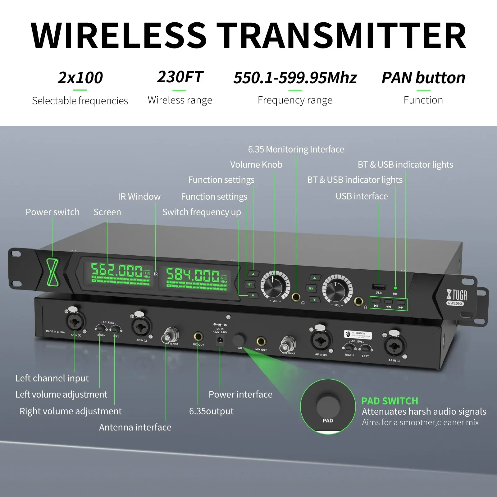 XTUGA RW2090 New UHF Metal In Ear Monitoring System Stage Monitoring System Wireless Dual Channel for Professional Performances
