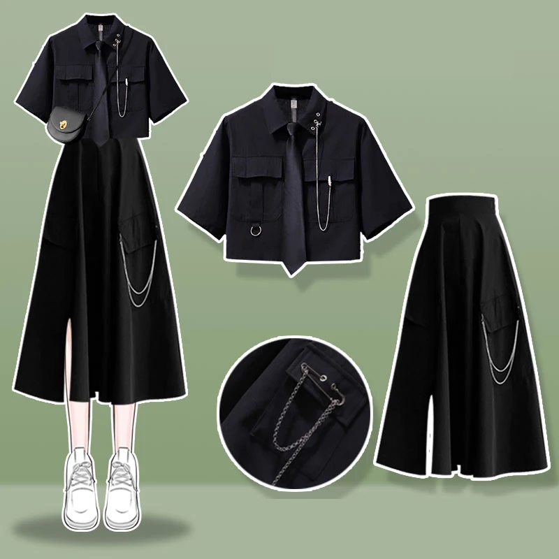 Grunge Clothing Black Polo Dress Set Sweet Women\'s Goth Preppy Shirt Long Skirt Summer Suit Girl Sets Punk Accessories Teen Emo