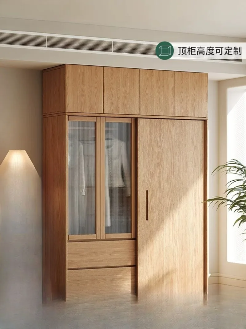 Oak sliding door wardrobe home bedroom log style modern simple multi-functional children's hanging wardrobe