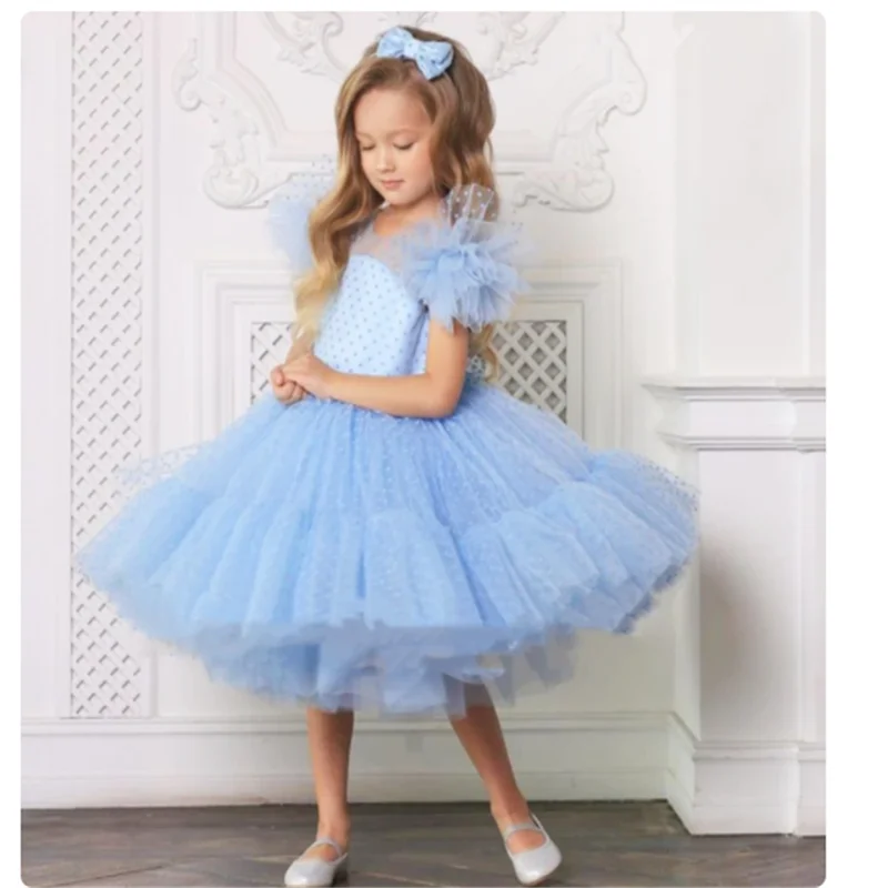 Flower Girls Dresses Sky Blue Pleated Ruched Knee Length Tiered Puffy Girl For Wedding Princess Birthday Ball Gowns