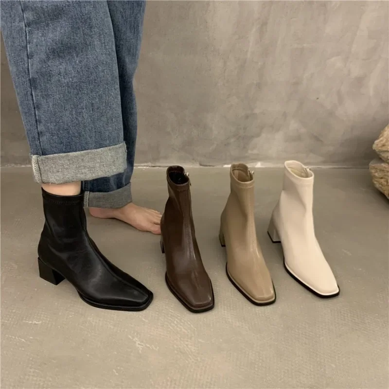 2024 Autumn Winter Fashion Design Heel Ankle Boot Square Toe Zipper Ladies Casual Boots Shoes Soft Leather Short Boot