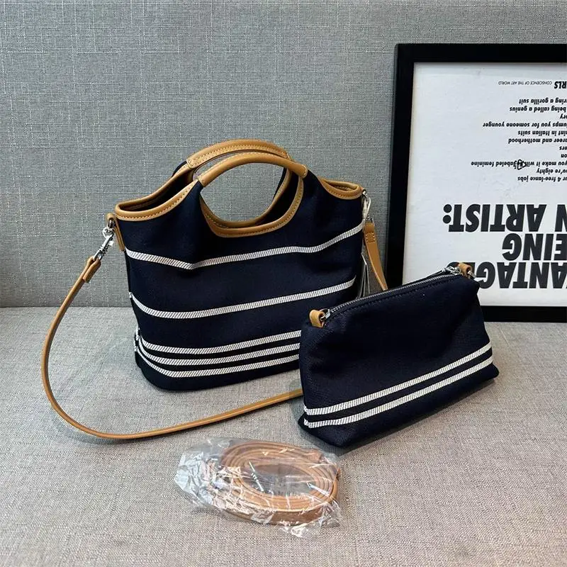 

Casual Canvas oulder Bag for Women Commuter Stripe Denim Crossbody Bag Briti Sle Magnetic Bule Closure Large Size