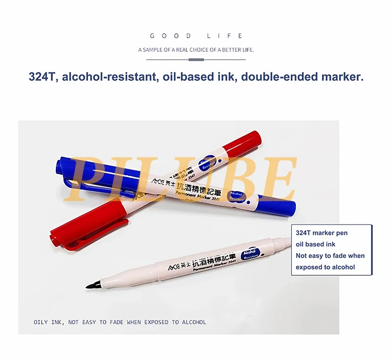 ACE 304 314 324T Dual Tip Quick Dry Oil Based Marker Pen for Lab Hospital Use Resistant to 75% Alcohol Professional Marking Tool