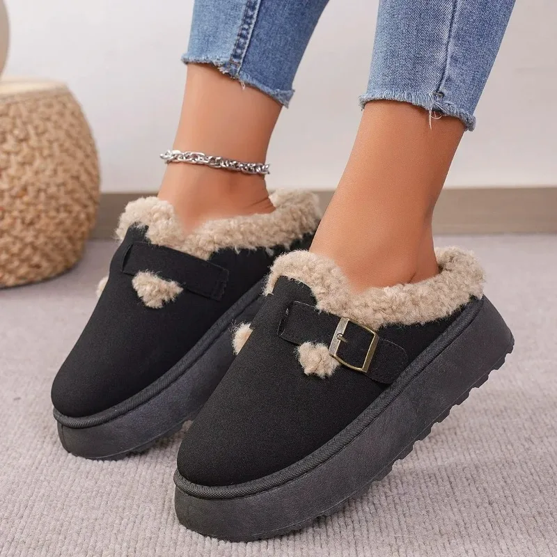 New Luxury Winter Women\'s Boken Shoes Plush Fashion Retro Bean Shoes Cotton Women\'s Flat Sole Slippers Platform Women Boots