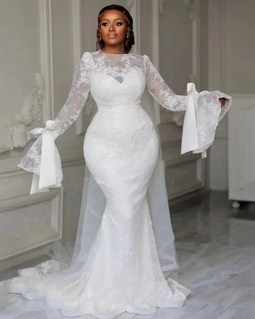 

Customized Lace Appliques Wedding Dress for Bride Vestidos De Novia Long Sleeves Mermaid Vintage African Bridal Gowns