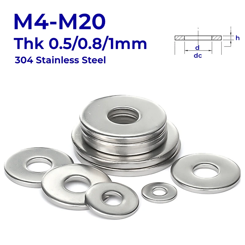 M4 M5 M6 M8 M10 M12 M14 M16 M18 M20 A2-70 304 Stainless Steel Flat Washer Plain Gasket Bolt Flat Gasket Thickness 0.5/0.8/1mm