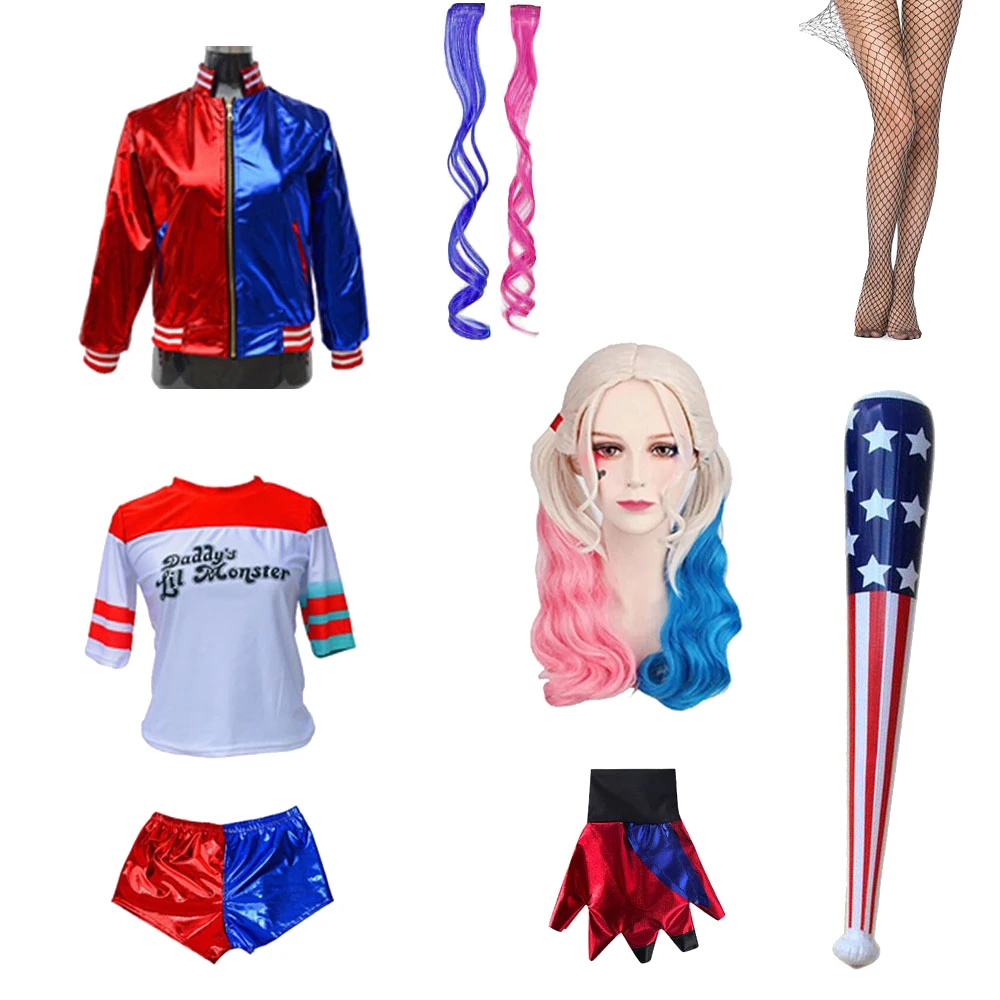Kinderen Volwassen Suicide Borduren Jas T-shirt Broek Handschoen Cosplay Kostuum Quinns Monster Harlee Clown Halloween Kostuum