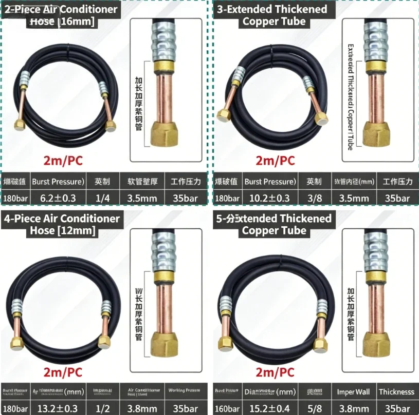 2M Refrigerant Rubber Hose, 1/4"-3/4" 6-19mm, Air Conditioning & Cold Storage Test Connection Pipe